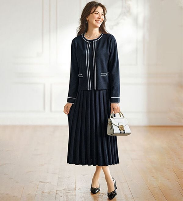 BELLUNA（ベルーナ）の「配色使いニットジャケットワンピースアンサンブル（アンサンブル）」｜ネイビー系