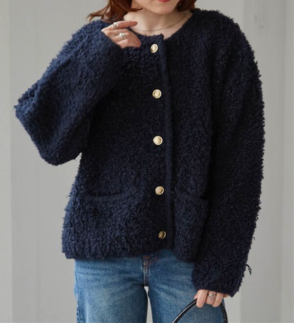 RANAN（ラナン）の「ゴールド調ボタンループ編みニットジャケット（ニットカーディガン）」｜詳細画像