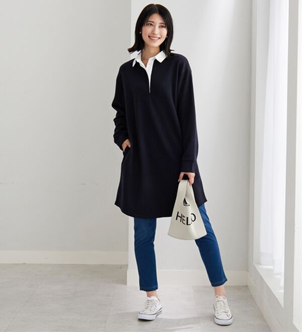 BELLUNA（ベルーナ）の「ボーダージャカード素材ラガーシャツワンピース（カットソーワンピース）」｜詳細画像