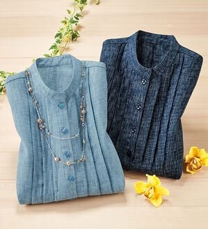 ルフラン（ルフラン）の「【２色組】かすり調半開チュニック＜浅葱～あさぎ～＞（チュニック）」｜2色組