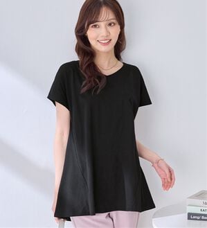 alotta（アロッタ）の「細見え叶う！ＡラインフレアチュニックＴシャツ（チュニック）」｜ブラック