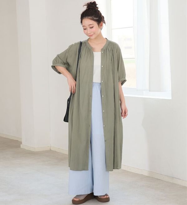 A HAPPY MARILYN（アハッピーマリリン）の「【Ｌ～６Ｌ】【風通るプレミアム】綿・楊柳、五分袖ギャザーたっぷりワンピース。（ロングワンピース）」｜詳細画像