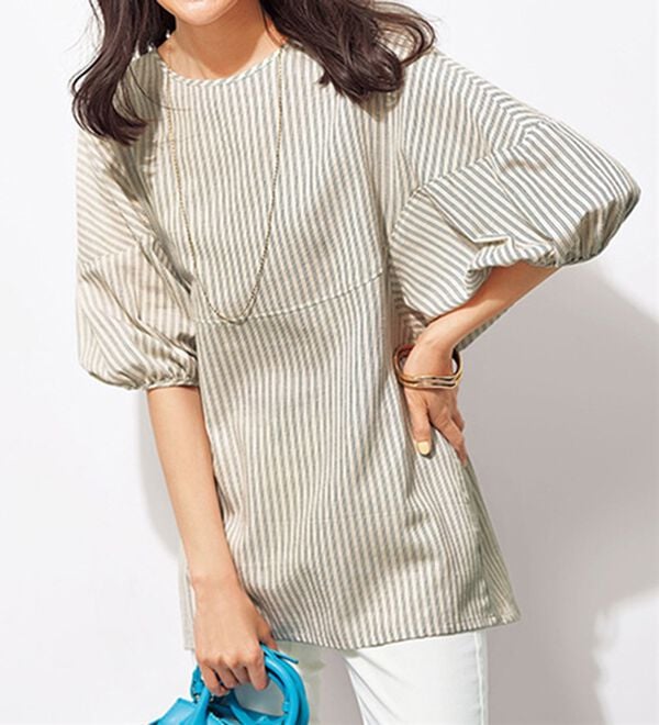 BELLUNA（ベルーナ）の「柔らか綿麻ボリューム袖ブラウス（ブラウス）」｜オフ白系ストライプ