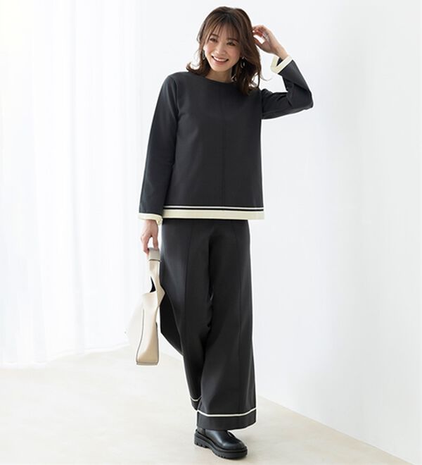 BELLUNA（ベルーナ）の「配色ライン使いニットワイドパンツ（ワイドパンツ・ガウチョ）」｜詳細画像