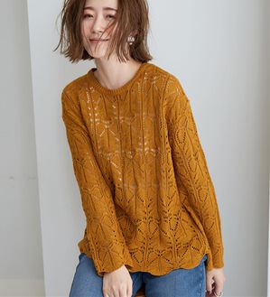 BELLUNA（ベルーナ）の「リボン柄透かし編ニットプルオーバー（ニット・セーター）」｜マスタード