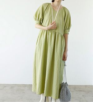 GeeRA（ジーラ）の「ワッシャー素材パフスリーブワンピース（その他ワンピース）」｜グリーン