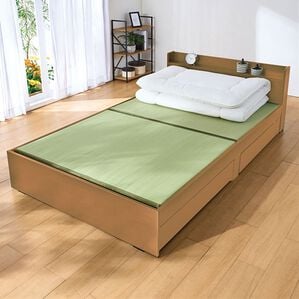 「宮・引き出し付樹脂張り畳ベッド＜ベッドフレーム　木製　大量収納　宮棚付き　家具　寝具　硬め　樹脂製畳＞（ベッド）」｜ライトブラウン