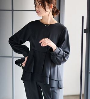 RANAN（ラナン）の「【２点セット】洗える！バックパール調ペプラムチュニックセットアップ（パンツスーツ）」｜ブラック