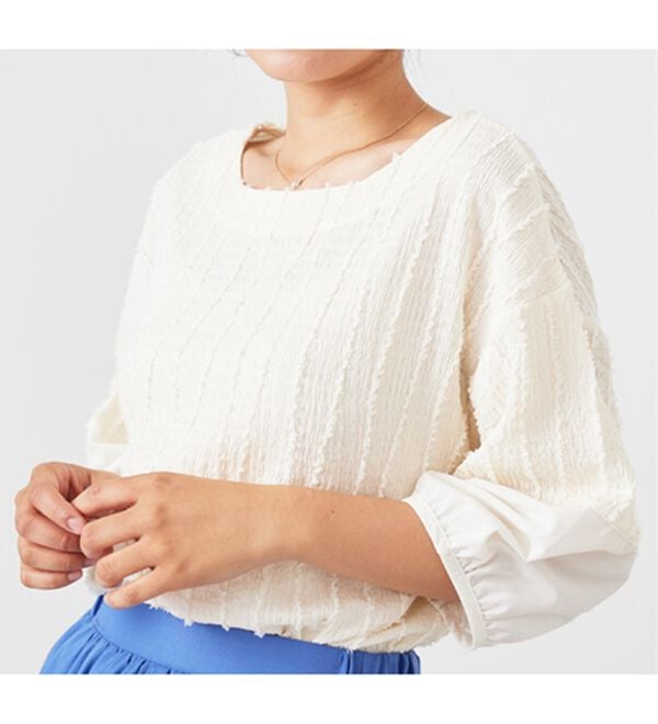 BELLUNA（ベルーナ）の「楊柳ストライプ刺しゅうブラウス（カットソー）」｜詳細画像