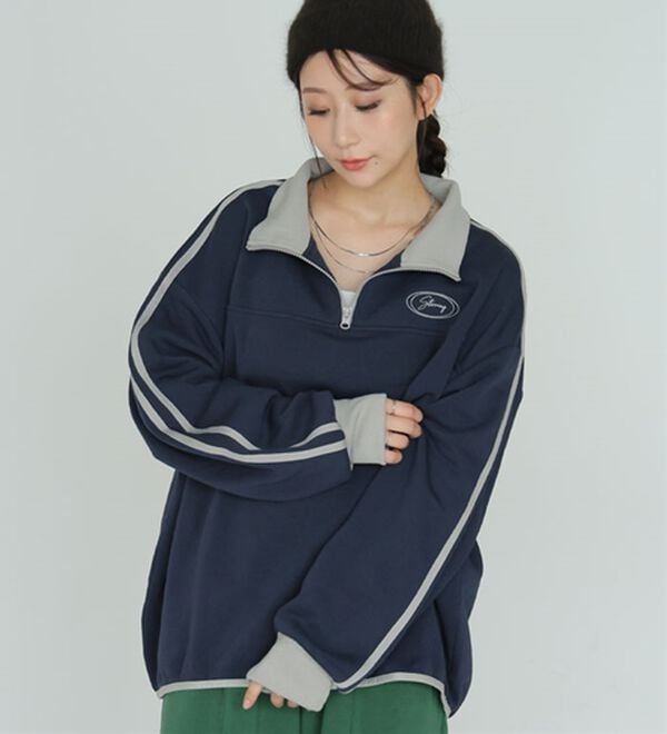 A HAPPY MARILYN（アハッピーマリリン）の「【Ｌ～６Ｌ】【ハピぽか裏起毛】ライン使いハーフＺＩＰスウェット 毛玉になりにくい（トレーナー・スウェット）」｜詳細画像