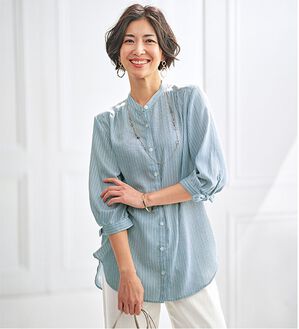 BELLUNA（ベルーナ）の「涼感柔らか袖リボンチュニック（チュニック）」｜ブルーストライプ