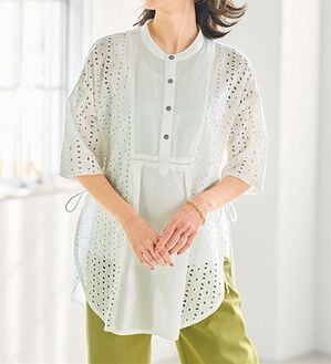 BELLUNA（ベルーナ）の「おしゃれに体型隠しレース切替チュニック（チュニック）」｜オフ白