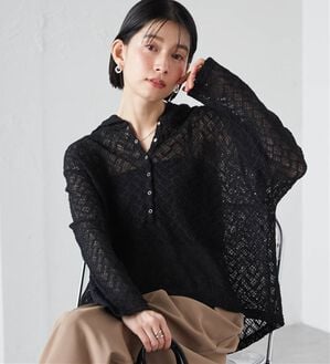 RANAN（ラナン）の「レースフーディートップス（カットソー）」｜ブラック