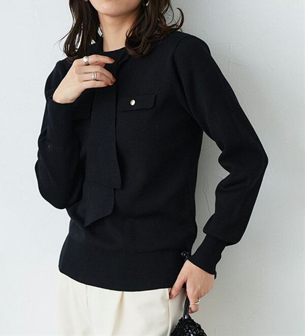 Pierrot（ピエロ）の「ボウタイポケットニット（ニット・セーター）」｜ブラック