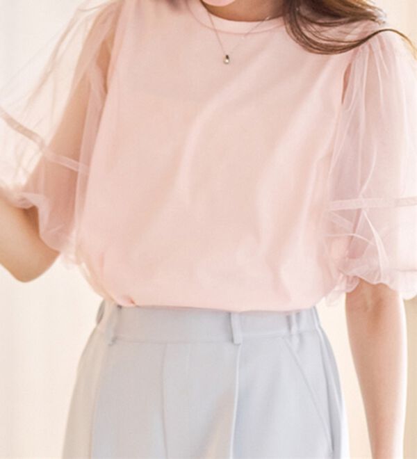 RANAN（ラナン）の「【ひんやり】チュールレイヤードパフスリーブTシャツ（カットソー）」｜詳細画像
