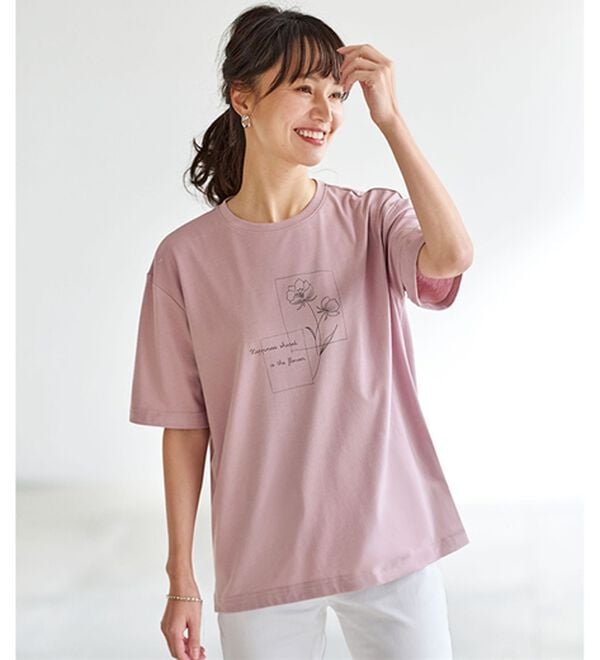 BELLUNA（ベルーナ）の「汗ジミ対策！よれない大人のプリントＴシャツ（Tシャツ）」｜ピンク