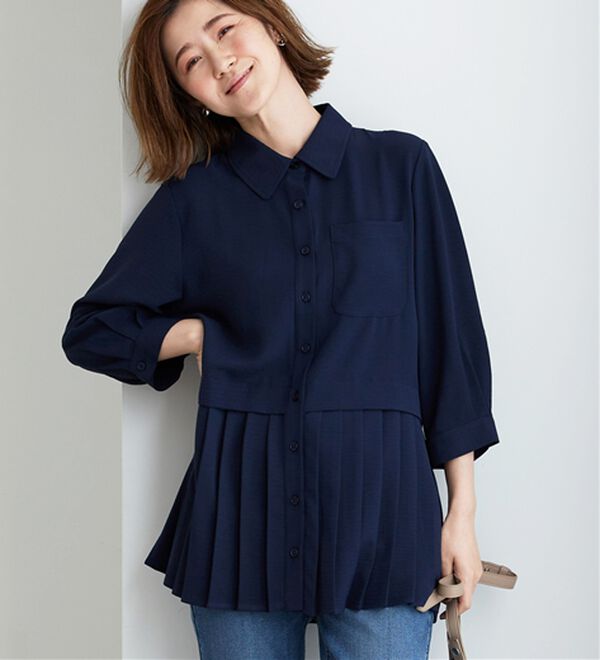 BELLUNA（ベルーナ）の「【UVカット】機能付！裾プリーツ切替チュニック（チュニック）」｜ネイビー
