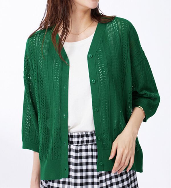 BELLUNA（ベルーナ）の「麻タッチ透かし編５分袖ニットカーディガン（ニットカーディガン）」｜詳細画像