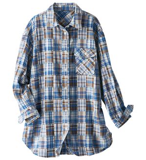 BELLUNA（ベルーナ）の「秋の街に映えるパッチワーク調先染めチェック柄シャツ（シャツ）」｜ブルー系