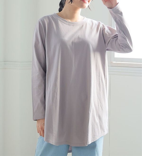 A HAPPY MARILYN（アハッピーマリリン）の「【Ｌ～８Ｌ】綿１００％裾フレア万能ロングＴシャツ（Tシャツ）」｜グレージュ