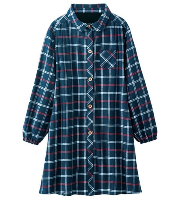 LAVIENNE（ラヴィエンヌ）の「裏フリースほっこりかっぽうチュニック（パジャマ・ルームウェア）」｜ネイビーチェック