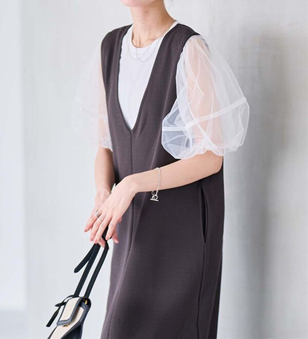 RANAN（ラナン）の「【ひんやり】チュールレイヤードパフスリーブTシャツ（カットソー）」｜詳細画像