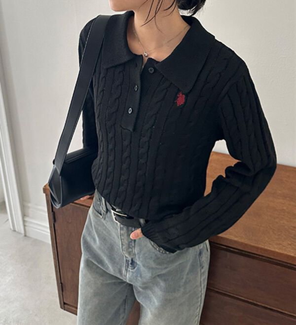 RANAN（ラナン）の「＜U.S.POLO ASSN.＞刺繍長袖ケーブルポロニット（ニット・セーター）」｜詳細画像