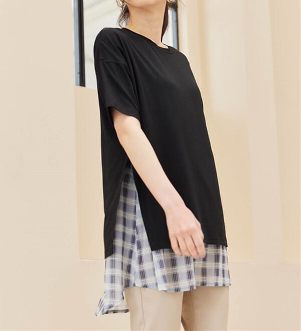 RANAN（ラナン）の「チェック柄異素材使いTシャツ（カットソー）」｜詳細画像
