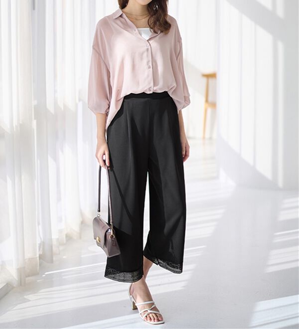 alotta（アロッタ）の「【４つの機能付】ひんやり裾レース楽ちんストレートパンツ（ワイドパンツ・ガウチョ）」｜詳細画像