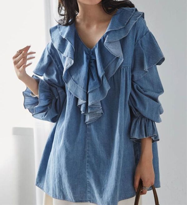 RANAN（ラナン）の「ビッグカラーフリルデニムブラウス（ブラウス）」｜詳細画像