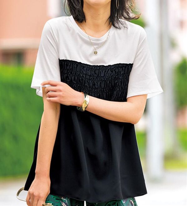 BELLUNA（ベルーナ）の「ビスチェ風ドッキングチュニック（チュニック）」｜オフ白&times;黒