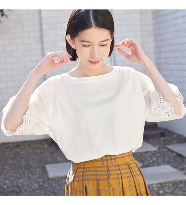 Viola e Viola（ヴィオラ エ ヴィオラ）の「綿１００％ 袖レース切替Ｔシャツ（Tシャツ）」｜詳細画像