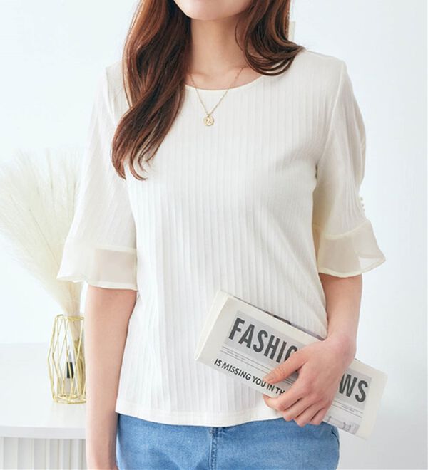 alotta（アロッタ）の「パール調ボタン付テレコリブトップス（カットソー）」｜詳細画像