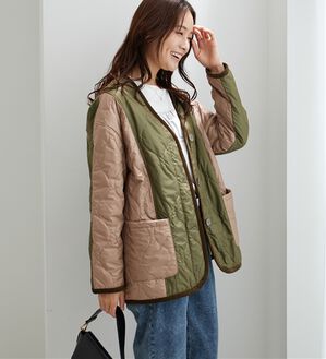 BELLUNA（ベルーナ）の「パイピング使いキルトブルゾンジャケット（ブルゾン）」｜ベージュ&times;カーキ