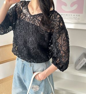 GeeRA（ジーラ）の「前後２ＷＡＹコードシアーレースプルオーバー（ブラウス）」｜ブラック