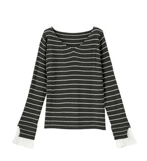 GeeRA（ジーラ）の「プリーツ付Ｖネックリブニットトップス（ニット・セーター）」｜黒系ボーダー