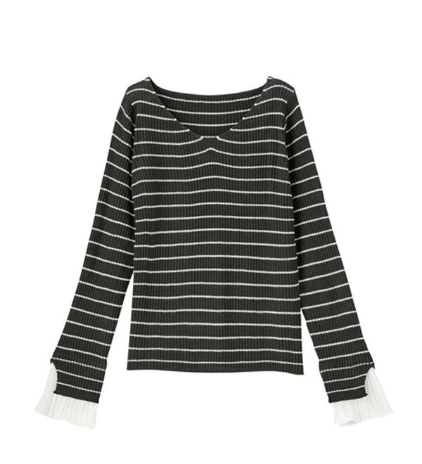 GeeRA（ジーラ）の「プリーツ付Ｖネックリブニットトップス（ニット・セーター）」｜黒系ボーダー