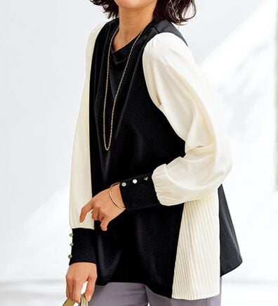 BELLUNA（ベルーナ）の「サイドプリーツ袖ボタン使いプルオーバー（カットソー）」