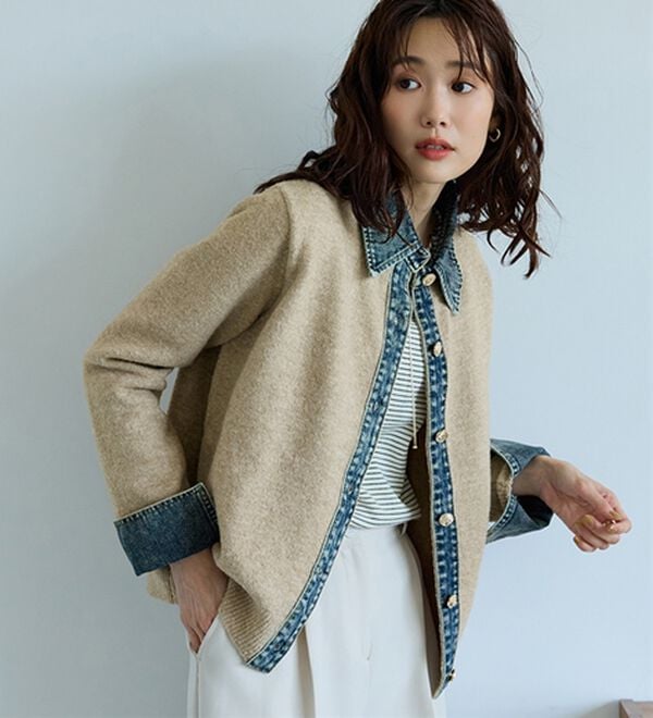 BELLUNA（ベルーナ）の「デニム&times;ニット切替ジャケット（その他ジャケット）」｜ベージュ