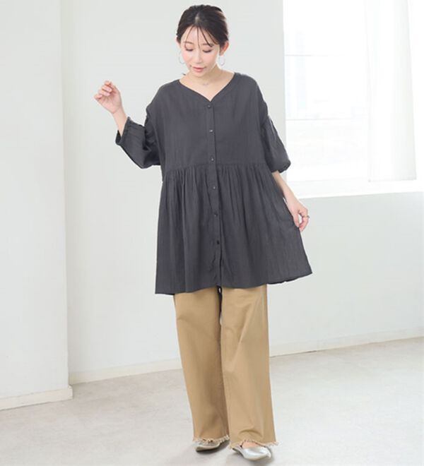 A HAPPY MARILYN（アハッピーマリリン）の「【Ｌ～６Ｌ】【風通るプレミアム】綿・楊柳、七分袖ウエストギャザーブラウス。（ブラウス）」｜詳細画像