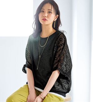 BELLUNA（ベルーナ）の「【タンクトップ付】透かし編みドルマンプルオーバー（カットソー）」｜黒