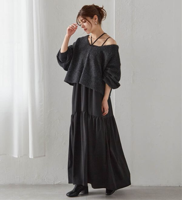 RANAN（ラナン）の「シャギーニット&times;キャミワンピースセット（その他ワンピース）」｜チャコール／ブラック