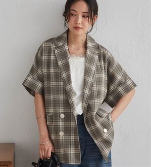RANAN（ラナン）の「【体型カバー】さらり麻調ダブルボタンジャケット（テーラードジャケット）」｜カーキチェック
