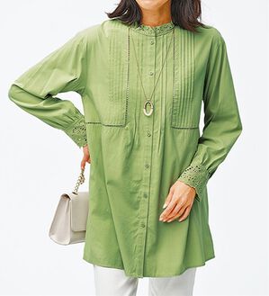 BELLUNA（ベルーナ）の「上品に着映える！衿＆袖レース切替シャツチュニック（チュニック）」｜グリーン