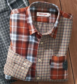 「＜インスパイア＞パッチワークデザインシャツ（メンズシャツ）」｜オレンジ