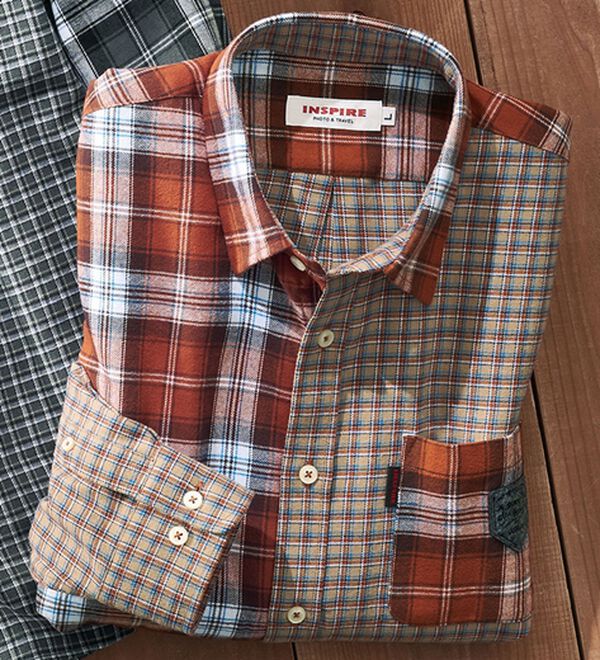 「＜インスパイア＞パッチワークデザインシャツ（メンズシャツ）」｜オレンジ