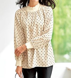 BELLUNA（ベルーナ）の「衿＆袖ニット使い美人顔ブラウス（ブラウス）」｜オフ白系小紋