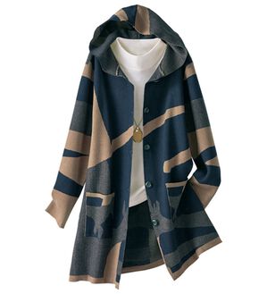 BELLUNA（ベルーナ）の「フードデザインニットジャカードコーディガン（ニットカーディガン）」｜ネイビー／モカ