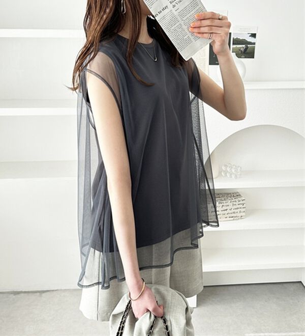 GeeRA（ジーラ）の「チュールカバーフレンチスリーブカットソー（カットソー）」｜詳細画像