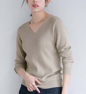 Pierrot（ピエロ）の「【洗濯機で洗える】ネックが選べるシルクタッチリブニット（ニット・セーター）」｜グレージュ